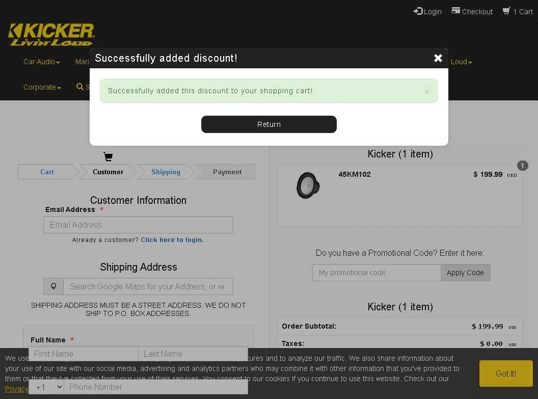 Kicker checkout page showing Kicker promo code box | Screenshot taken by SimplyCodes community member on Jan 28, 2026