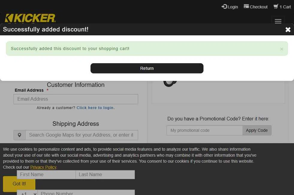 Kicker checkout page showing Kicker promo code box | Screenshot taken by SimplyCodes community member on Feb 5, 2026