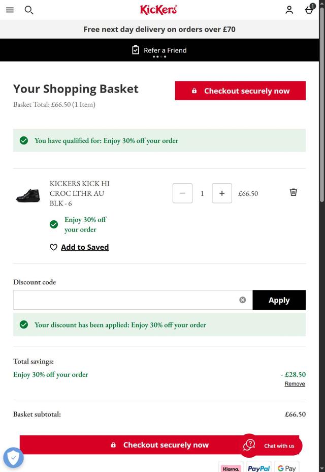Kickers checkout page showing Kickers promo code box | Screenshot taken by SimplyCodes community member on Aug 29, 2025