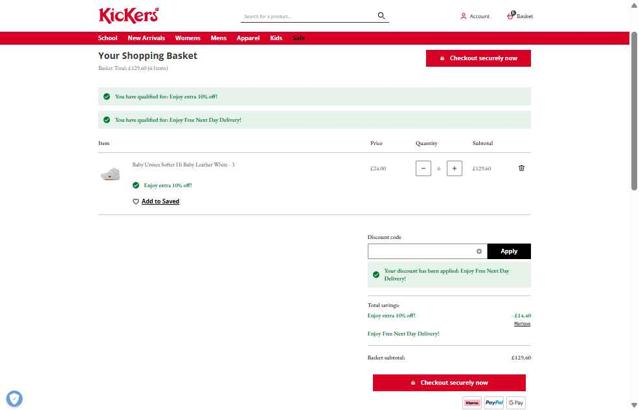 Kickers checkout page showing Kickers promo code box | Screenshot taken by SimplyCodes community member on Sep 4, 2025