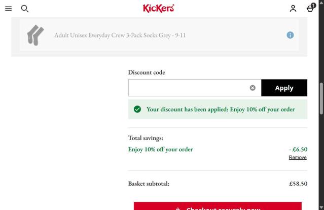 Kickers checkout page showing Kickers promo code box | Screenshot taken by SimplyCodes community member on Aug 26, 2025