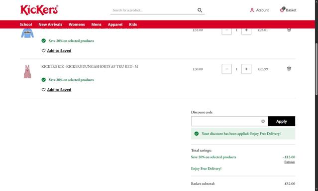 Kickers checkout page showing Kickers promo code box | Screenshot taken by SimplyCodes community member on Aug 2, 2025