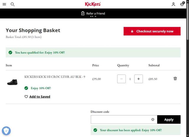 Kickers checkout page showing Kickers promo code box | Screenshot taken by SimplyCodes community member on Sep 10, 2025