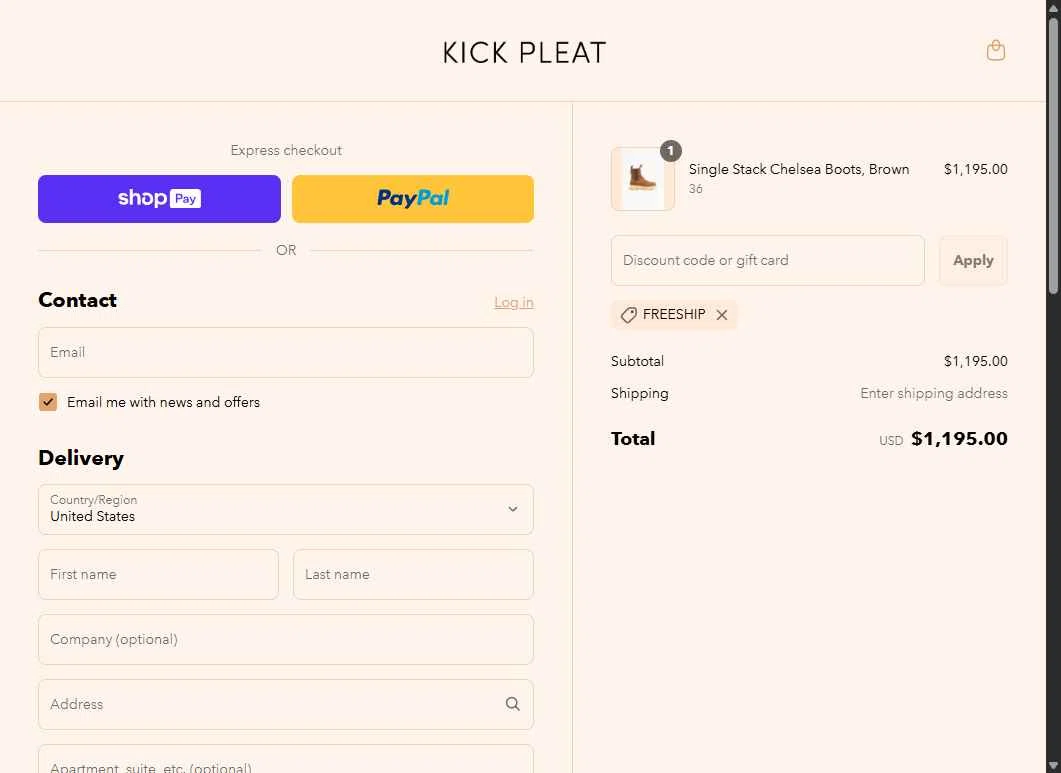 Kick Pleat checkout page showing Kick Pleat promo code box | Screenshot taken by SimplyCodes community member on Jul 1, 2025