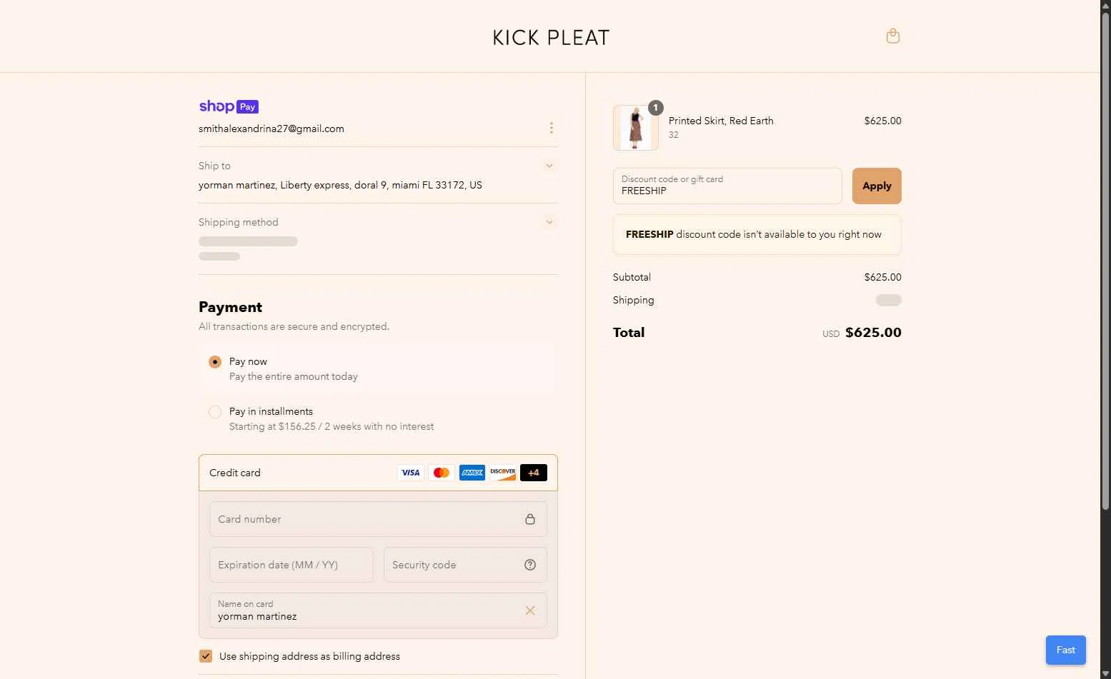 Kick Pleat checkout page showing Kick Pleat promo code box | Screenshot taken by SimplyCodes community member on Jul 1, 2025