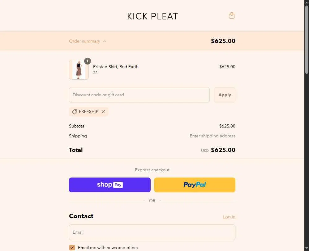 Kick Pleat checkout page showing Kick Pleat promo code box | Screenshot taken by SimplyCodes community member on Jul 1, 2025