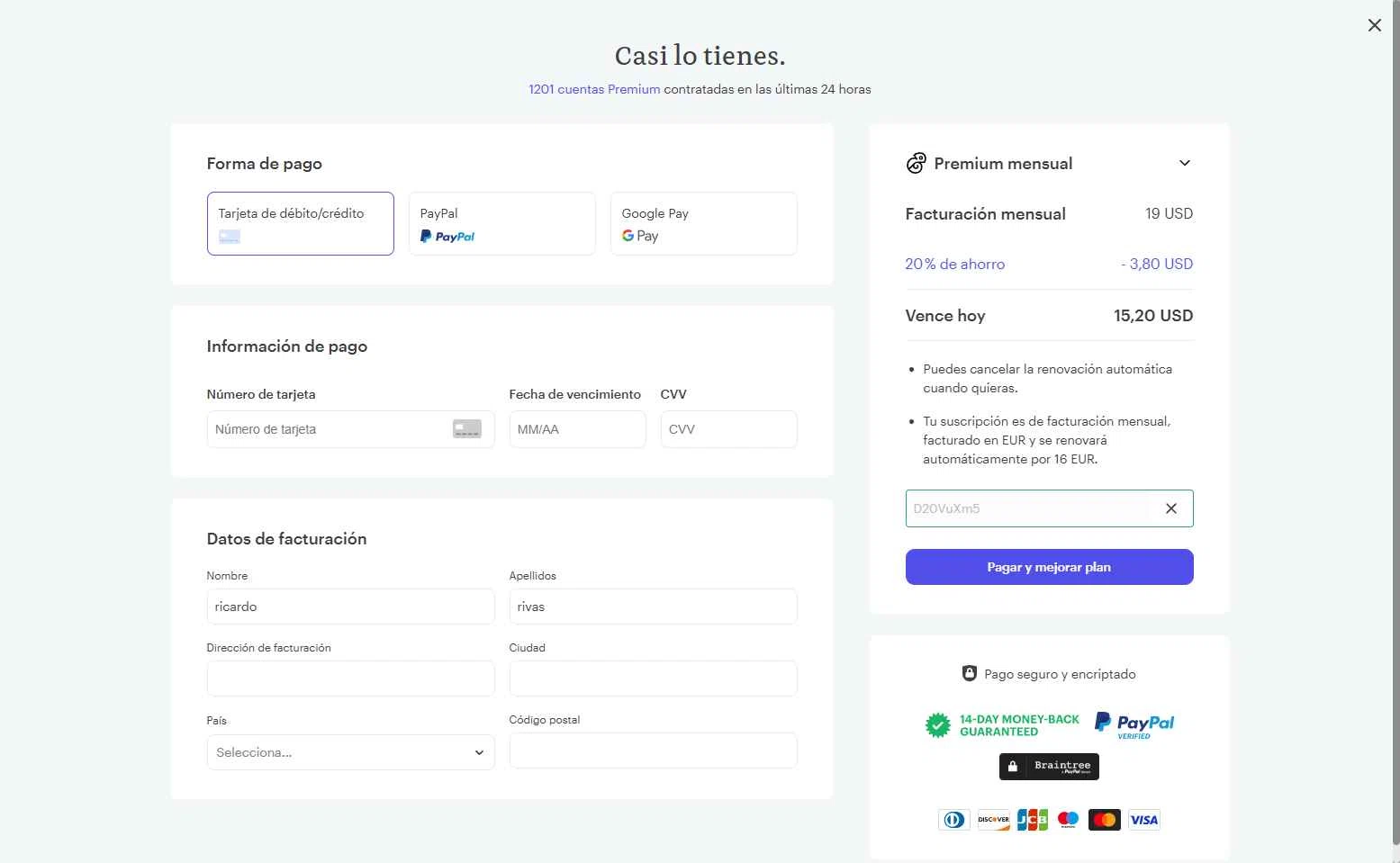 Kickresume checkout page showing Kickresume promo code box | Screenshot taken by SimplyCodes community member on Jan 13, 2026