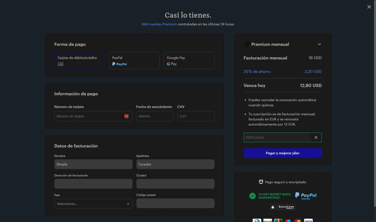 Kickresume checkout page showing Kickresume promo code box | Screenshot taken by SimplyCodes community member on Oct 25, 2025