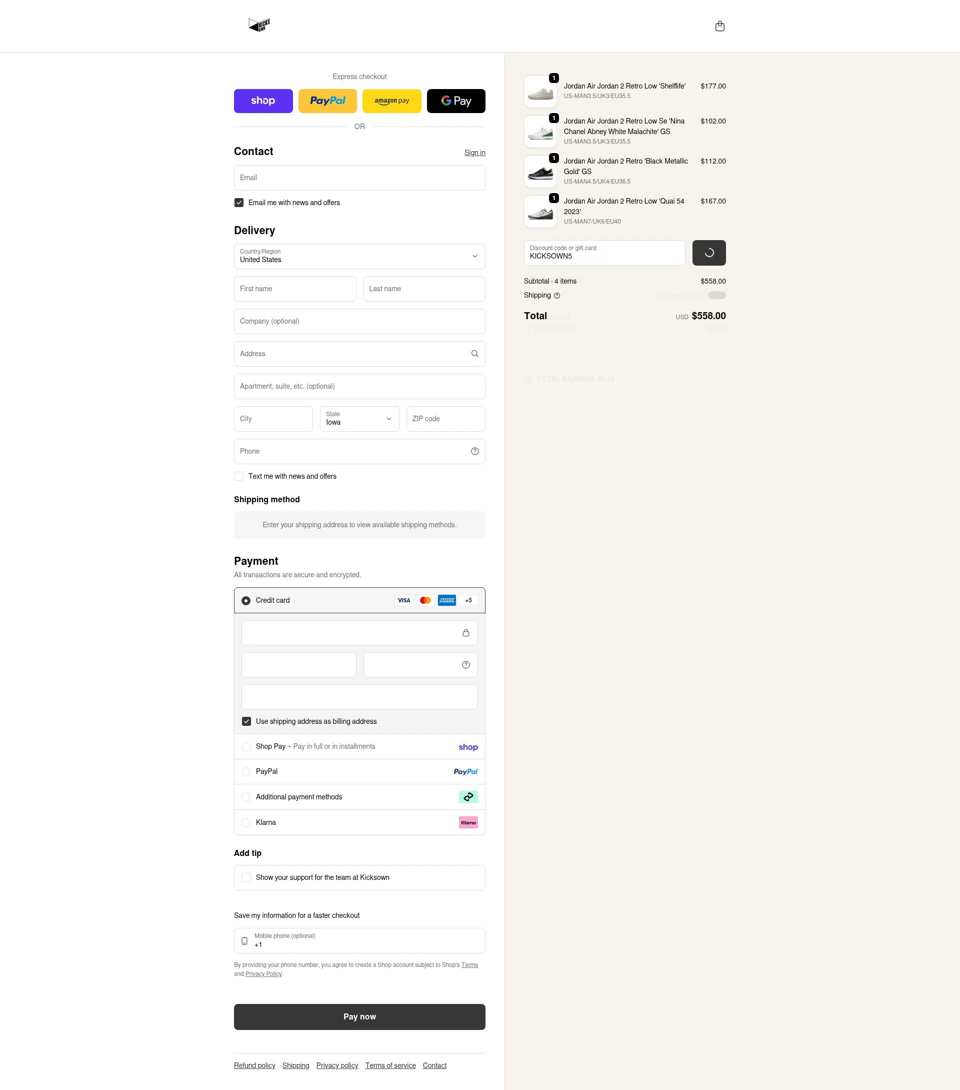 KICKSOWN checkout page showing KICKSOWN discount code box | Screenshot taken by SimplyCodes community member on Feb 15, 2026