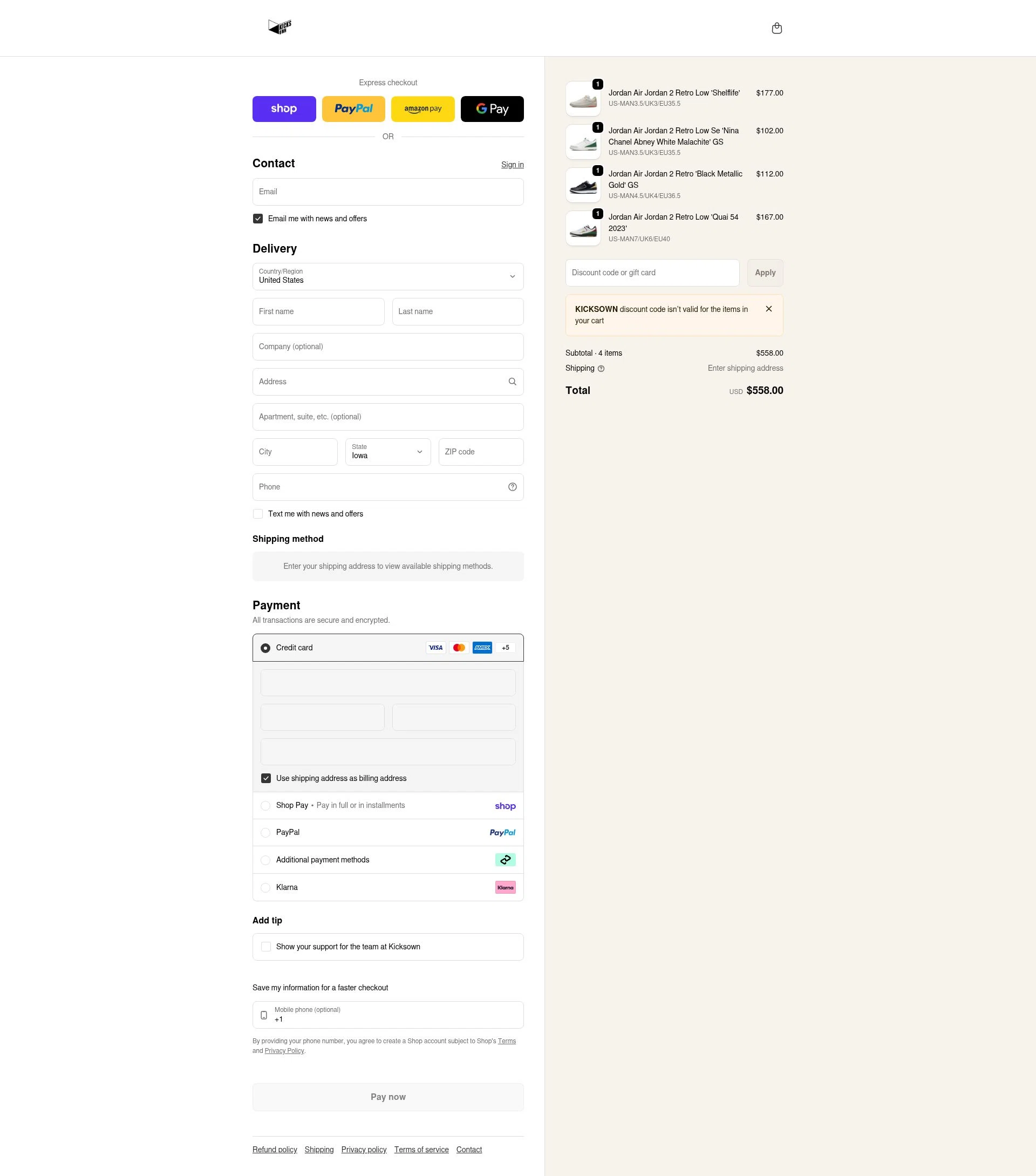 KICKSOWN checkout page showing KICKSOWN discount code box | Screenshot taken by SimplyCodes community member on Feb 15, 2026