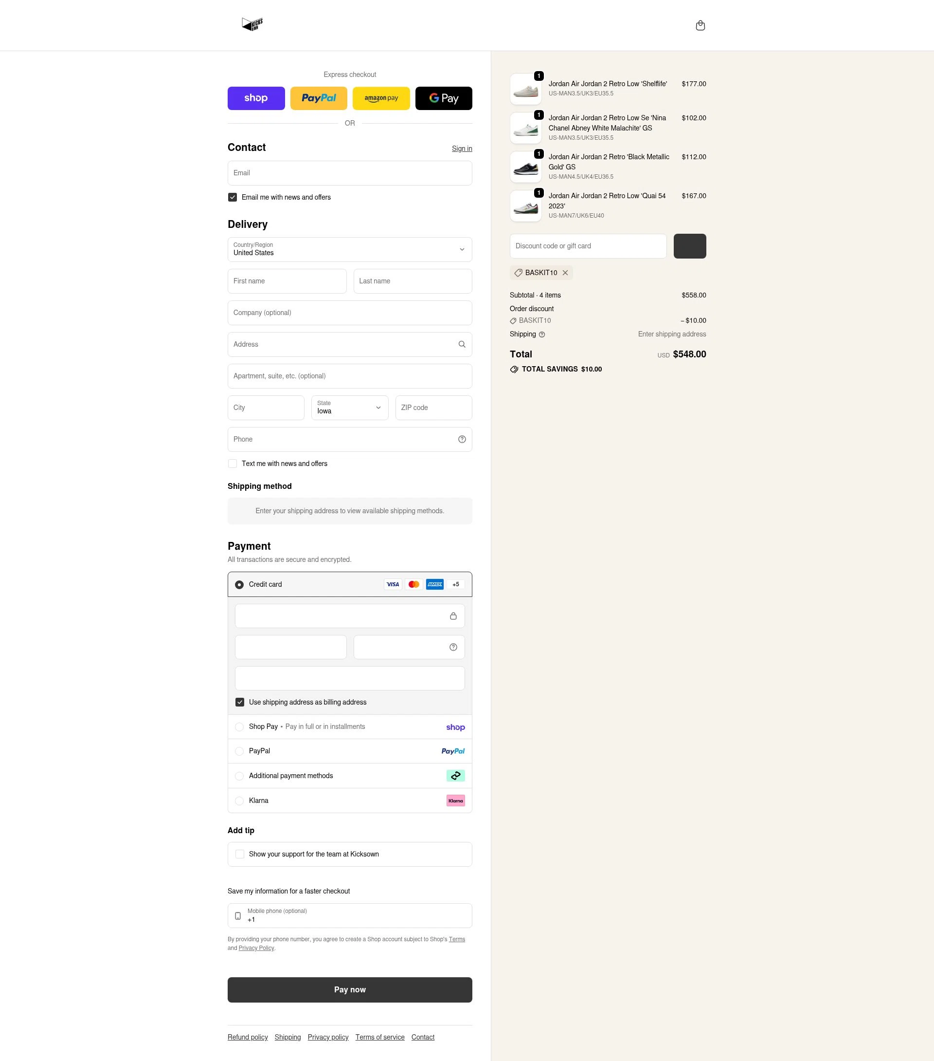 KICKSOWN checkout page showing KICKSOWN discount code box | Screenshot taken by SimplyCodes community member on Feb 15, 2026