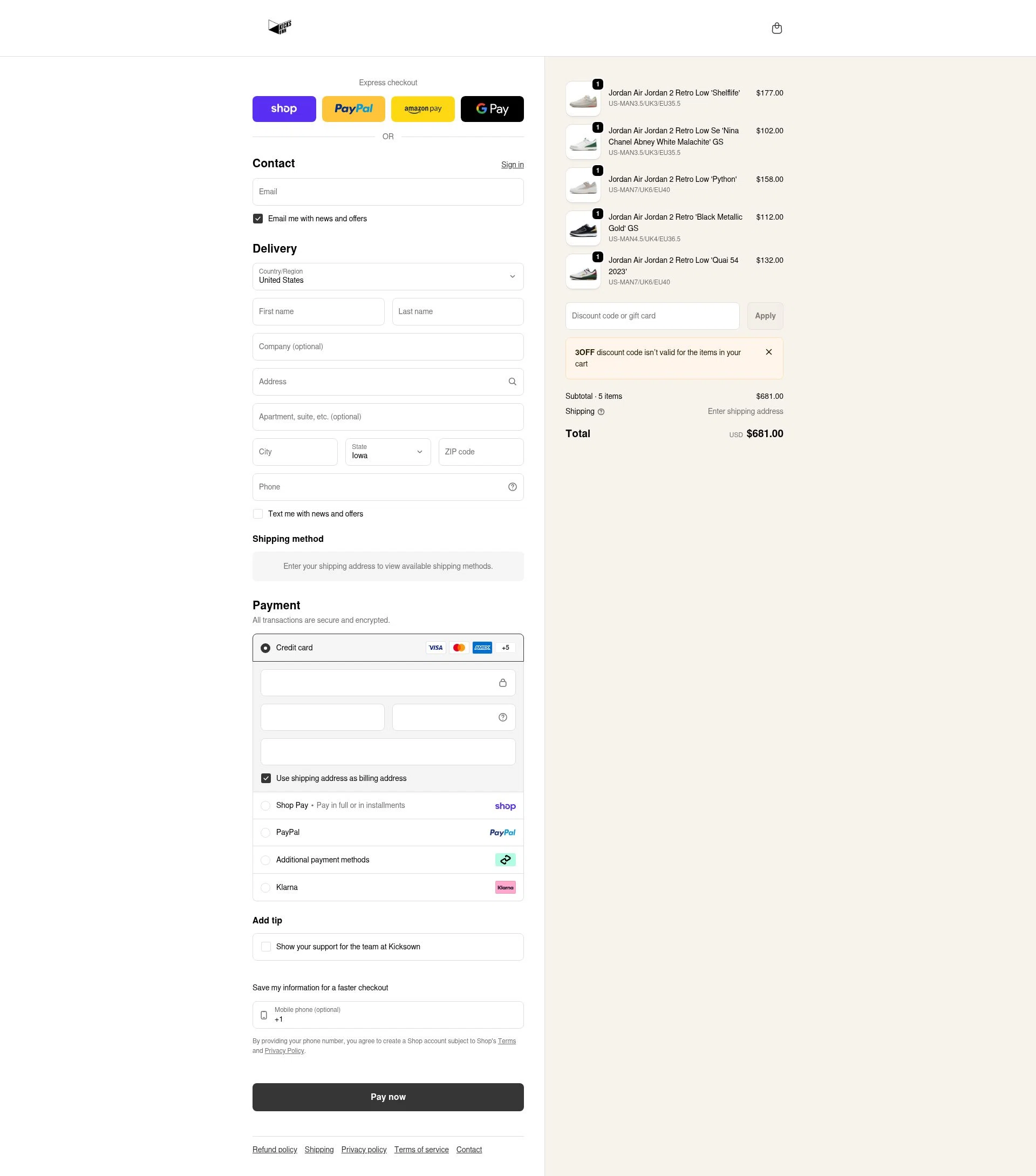 KICKSOWN checkout page showing KICKSOWN discount code box | Screenshot taken by SimplyCodes community member on Feb 11, 2026