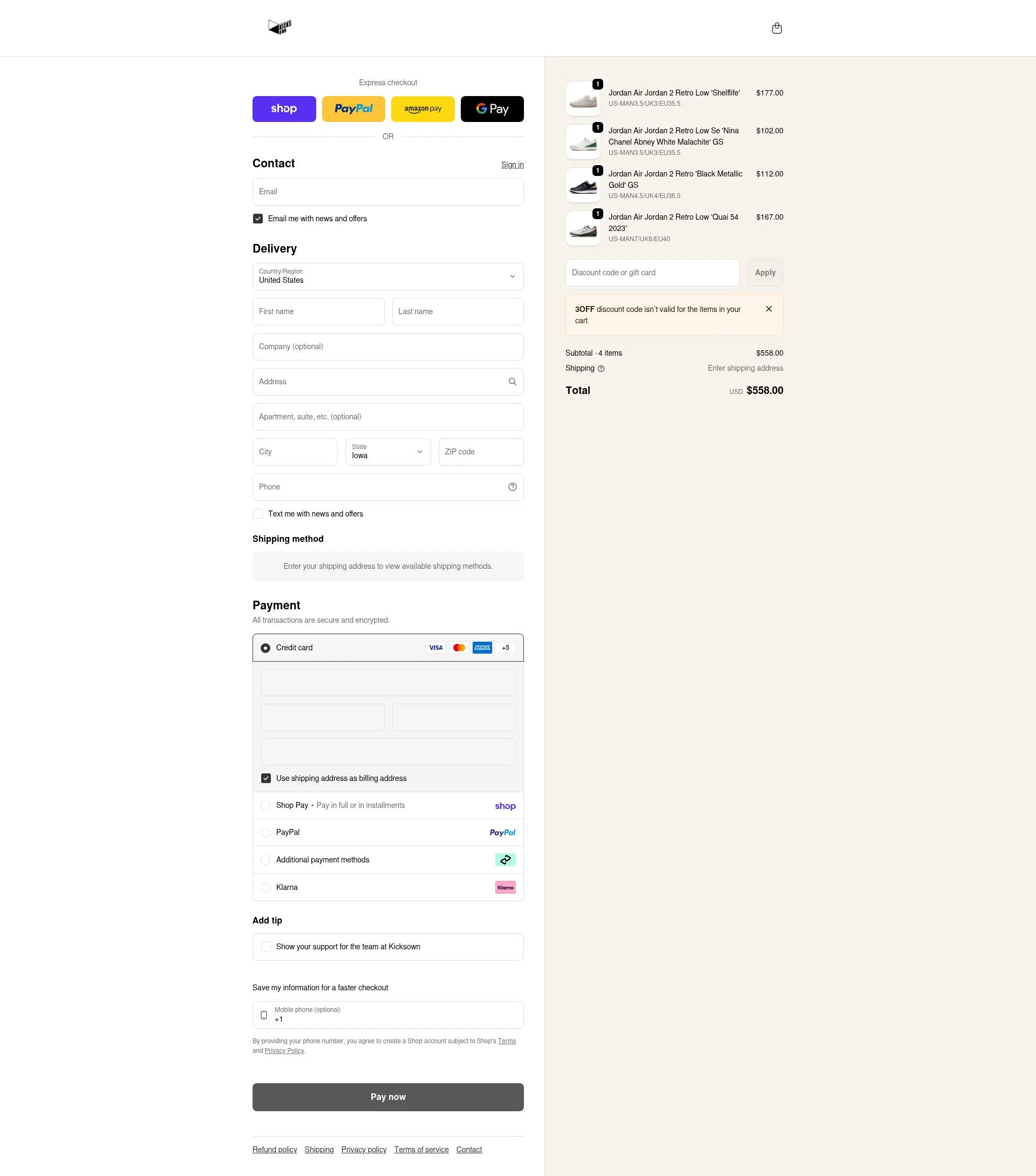 KICKSOWN checkout page showing KICKSOWN discount code box | Screenshot taken by SimplyCodes community member on Feb 15, 2026