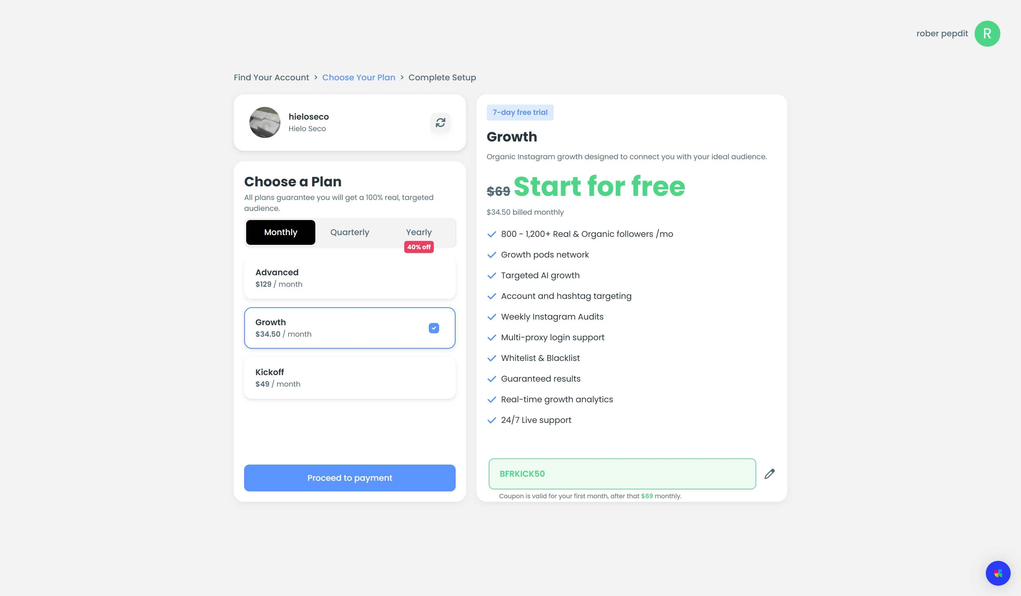 Kicksta checkout page showing Kicksta coupon code box | Screenshot taken by SimplyCodes community member on Nov 9, 2025