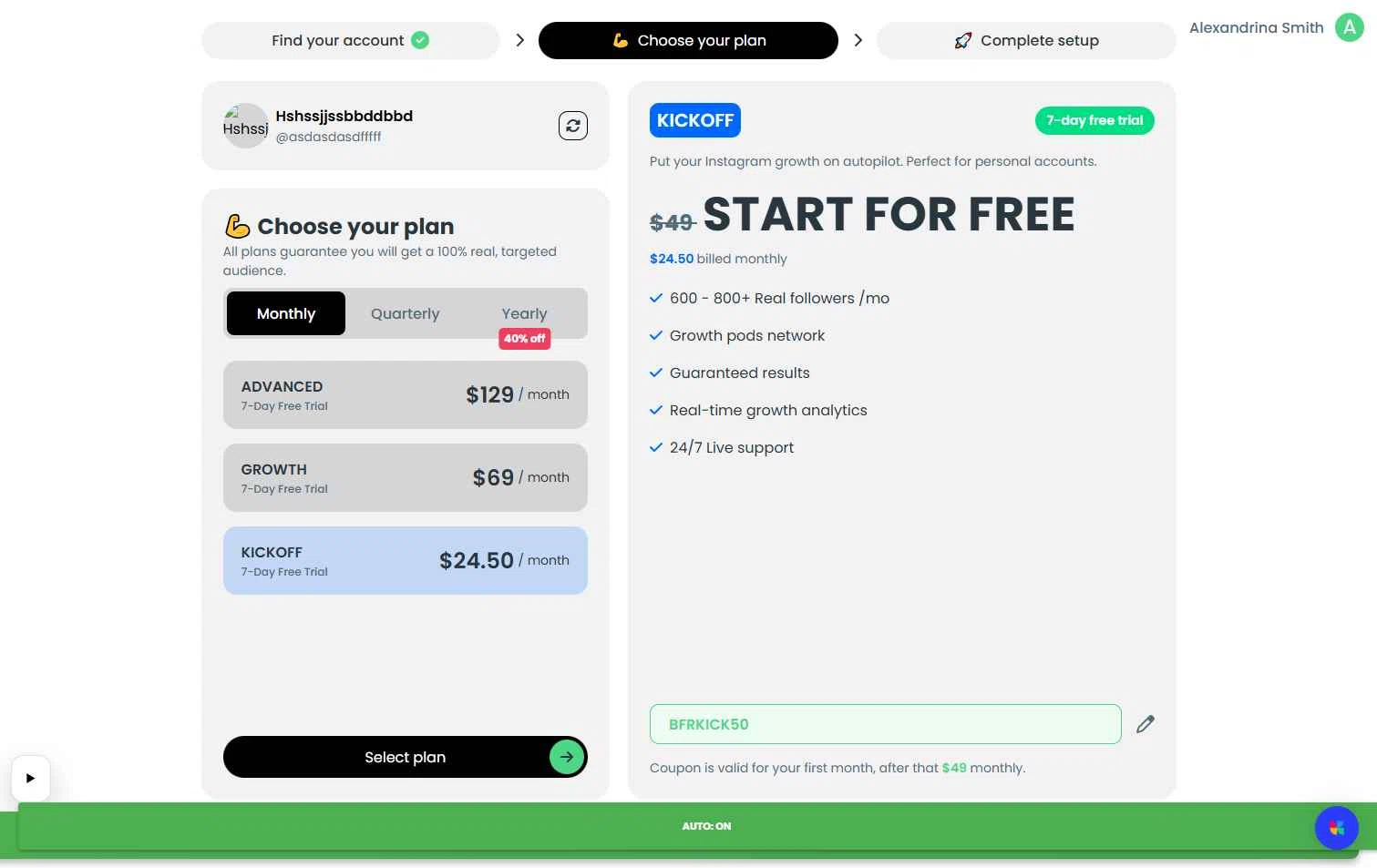 Kicksta checkout page showing Kicksta coupon code box | Screenshot taken by SimplyCodes community member on Jan 12, 2026