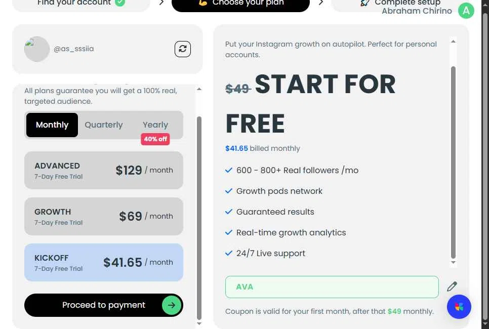 Kicksta checkout page showing Kicksta coupon code box | Screenshot taken by SimplyCodes community member on Nov 23, 2025