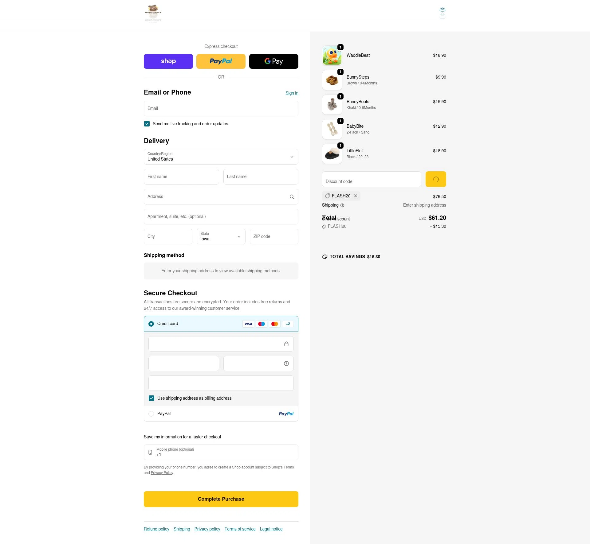 Kiddie Corner checkout page showing Kiddie Corner discount code box | Screenshot taken by SimplyCodes community member on Feb 7, 2026