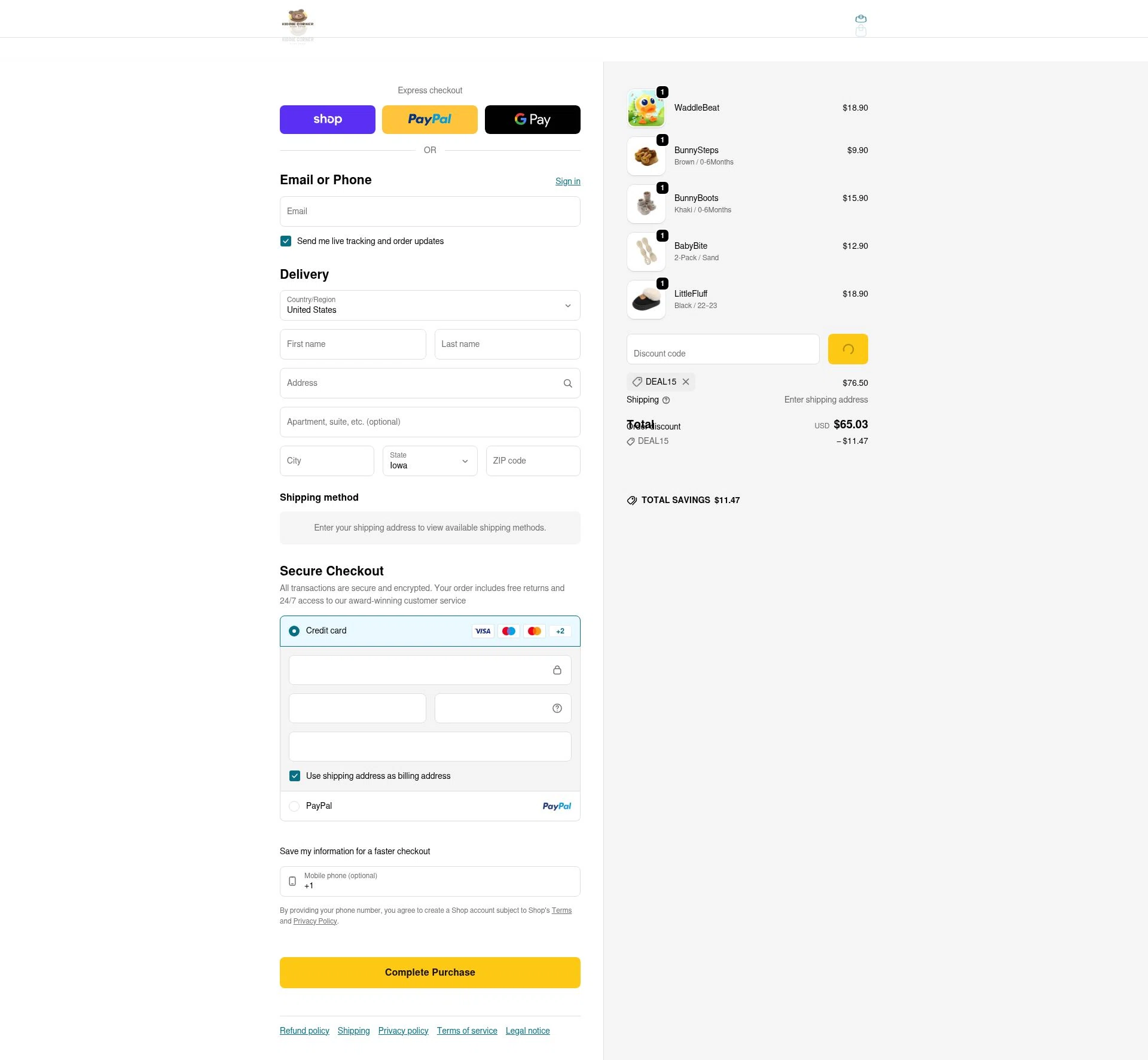 Kiddie Corner checkout page showing Kiddie Corner discount code box | Screenshot taken by SimplyCodes community member on Feb 7, 2026