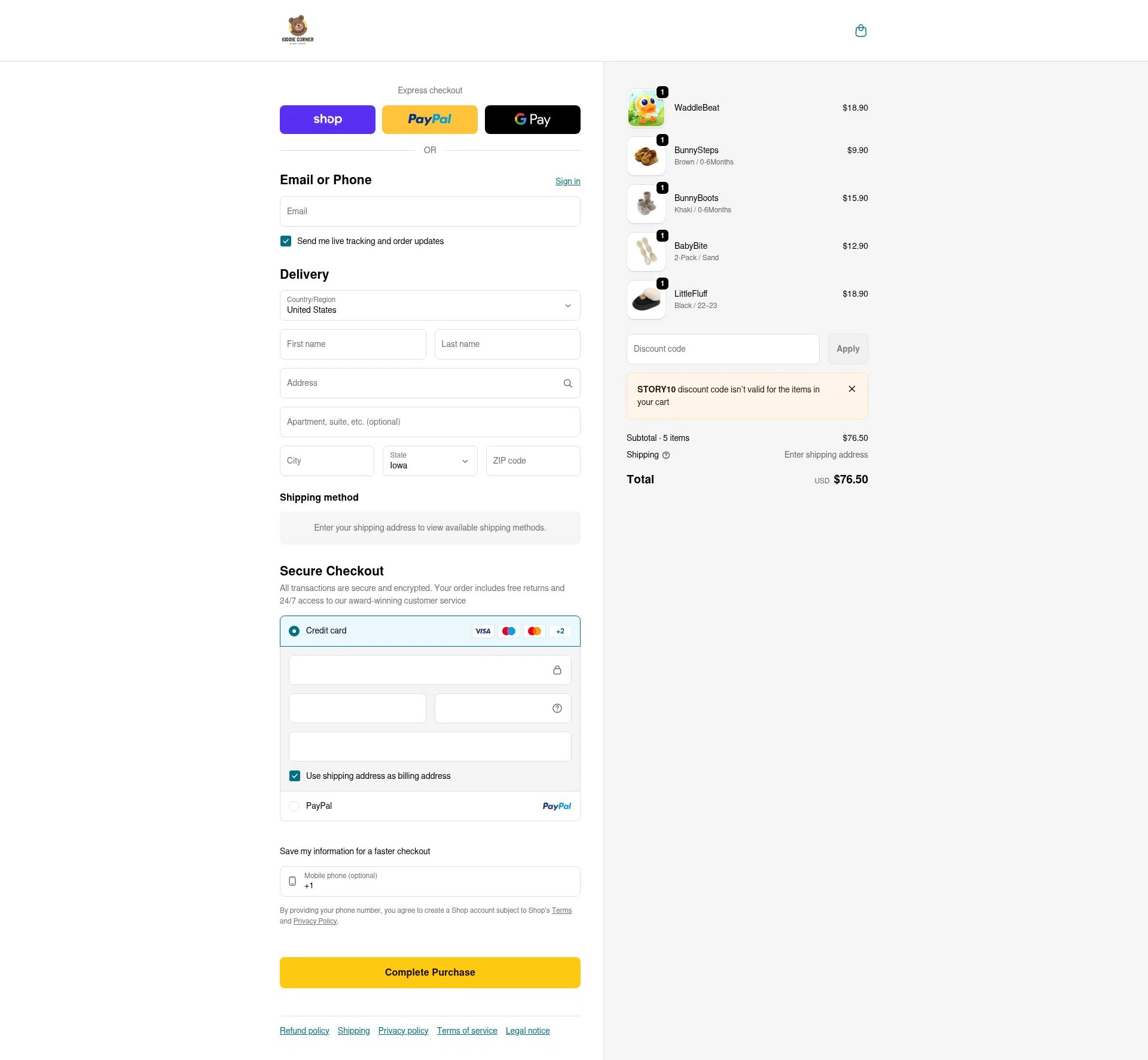 Kiddie Corner checkout page showing Kiddie Corner discount code box | Screenshot taken by SimplyCodes community member on Feb 7, 2026
