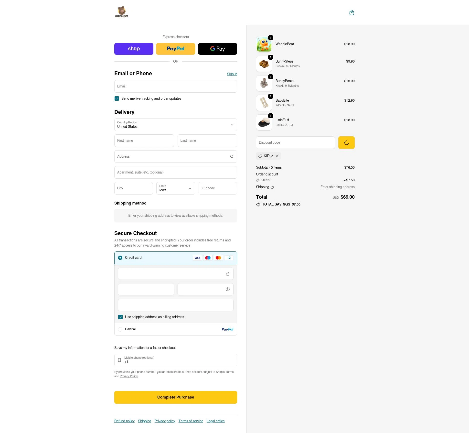 Kiddie Corner checkout page showing Kiddie Corner discount code box | Screenshot taken by SimplyCodes community member on Feb 7, 2026