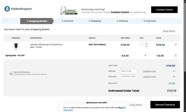 Kiddies Kingdom checkout page showing Kiddies Kingdom discount code box | Screenshot taken by SimplyCodes community member on May 1, 2025