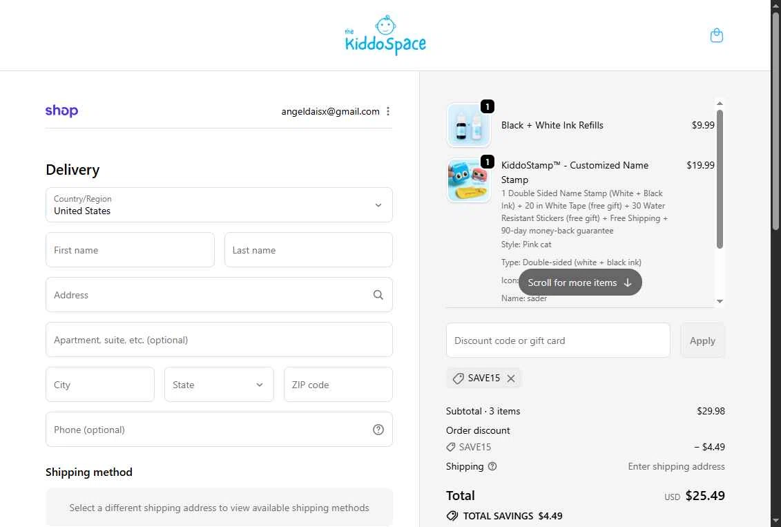 TheKiddoSpace checkout page showing TheKiddoSpace coupon code box | Screenshot taken by SimplyCodes community member on Dec 11, 2025