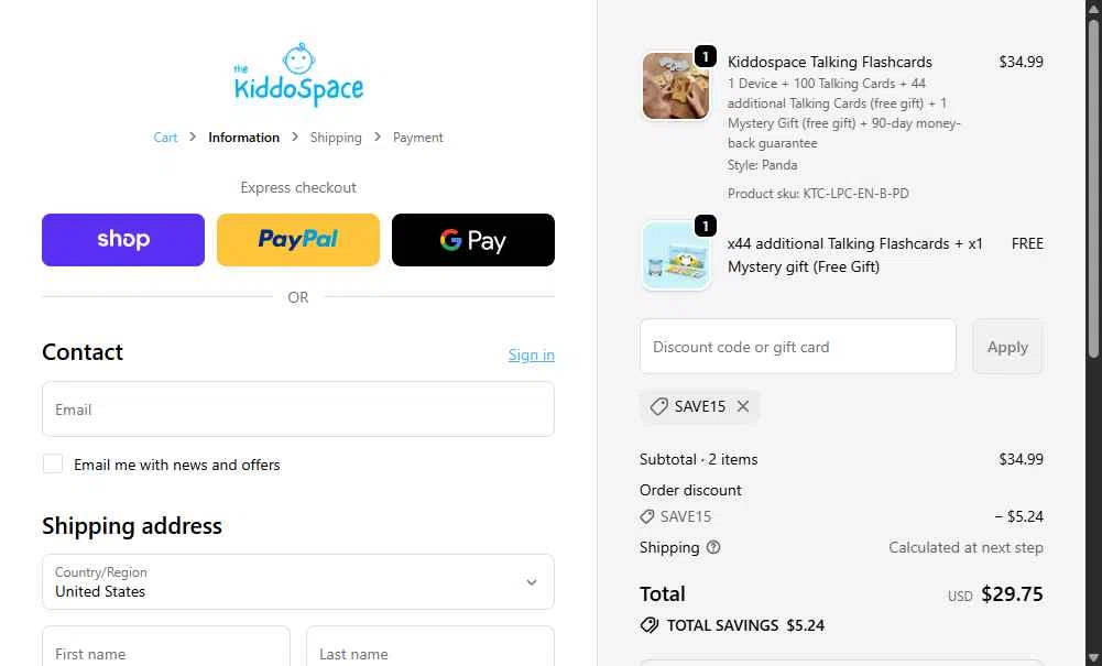 TheKiddoSpace checkout page showing TheKiddoSpace coupon code box | Screenshot taken by SimplyCodes community member on Jan 9, 2026