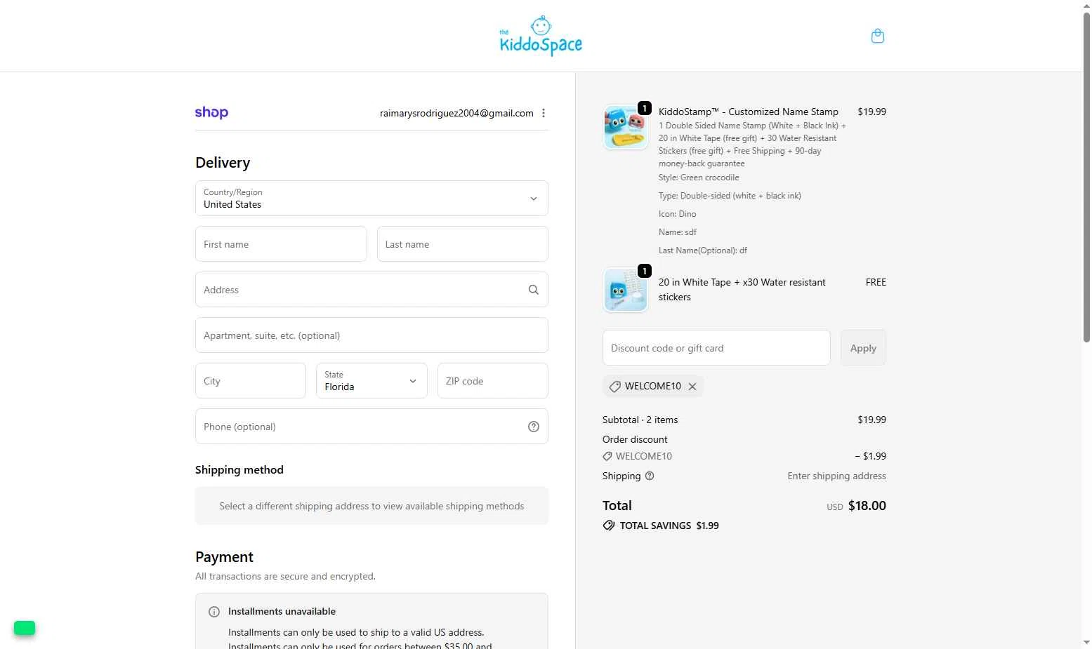 TheKiddoSpace checkout page showing TheKiddoSpace coupon code box | Screenshot taken by SimplyCodes community member on Jan 8, 2026