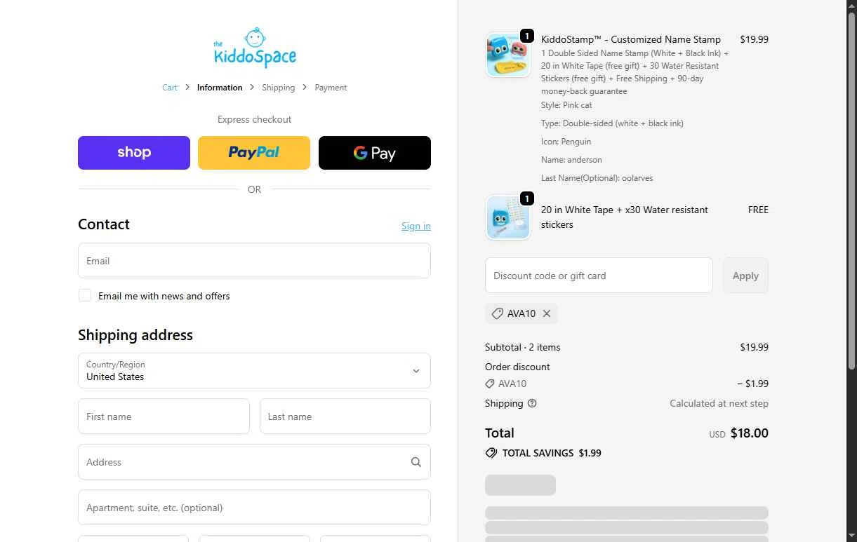 TheKiddoSpace checkout page showing TheKiddoSpace coupon code box | Screenshot taken by SimplyCodes community member on Jan 9, 2026