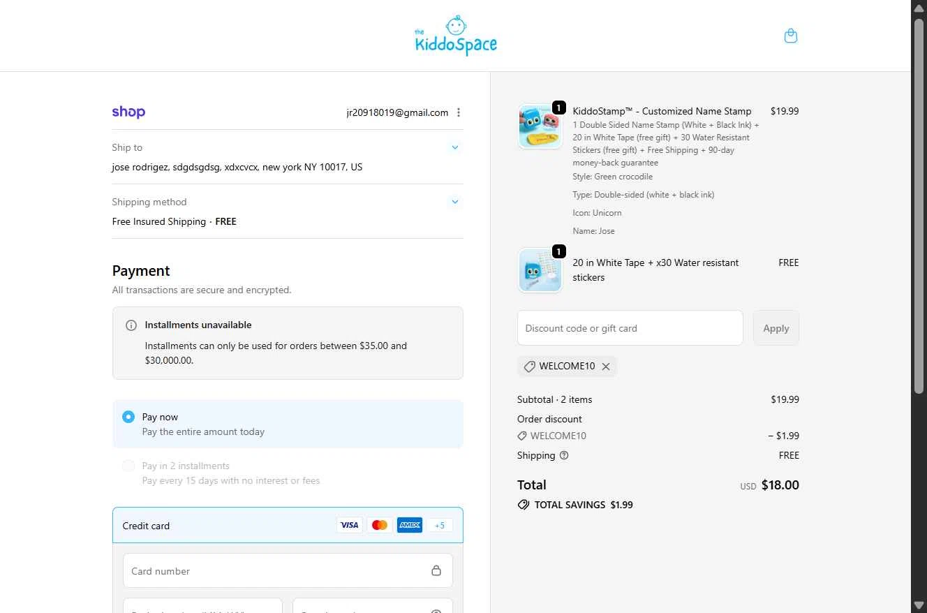 TheKiddoSpace checkout page showing TheKiddoSpace coupon code box | Screenshot taken by SimplyCodes community member on Feb 6, 2026