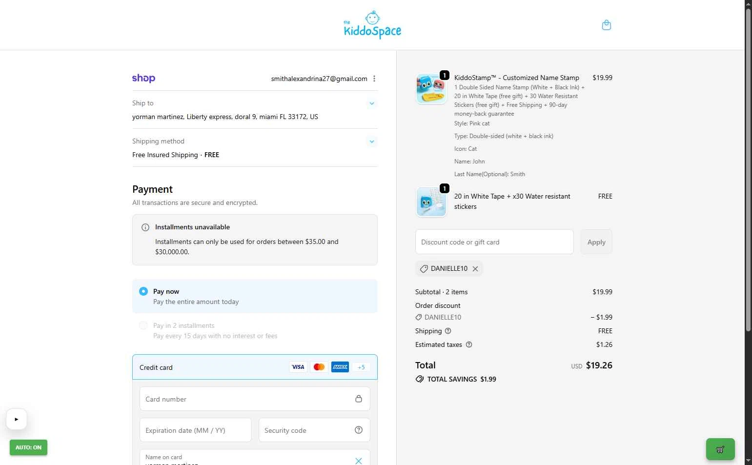 TheKiddoSpace checkout page showing TheKiddoSpace coupon code box | Screenshot taken by SimplyCodes community member on Dec 29, 2025