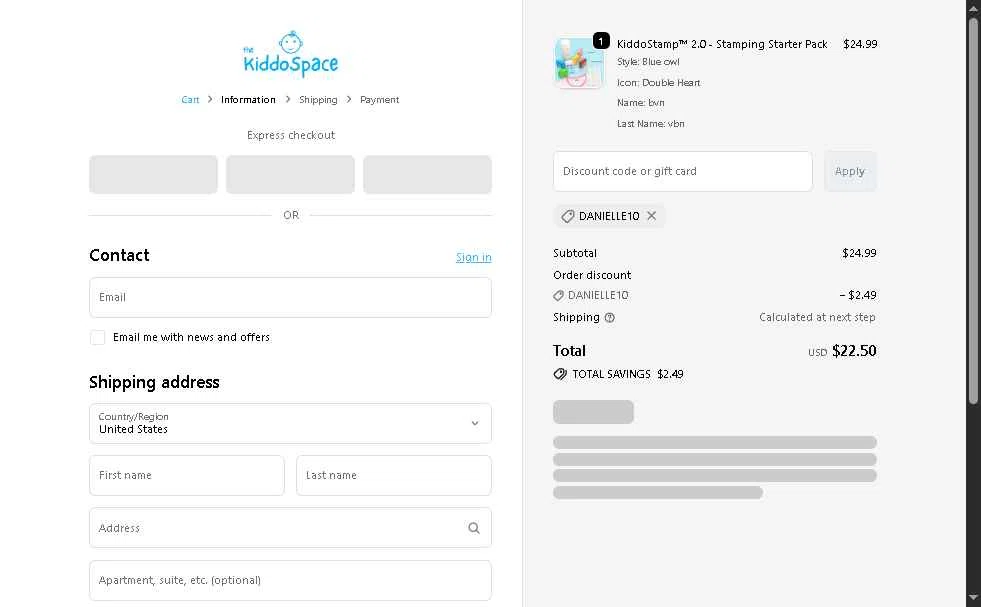 TheKiddoSpace checkout page showing TheKiddoSpace coupon code box | Screenshot taken by SimplyCodes community member on Nov 30, 2025