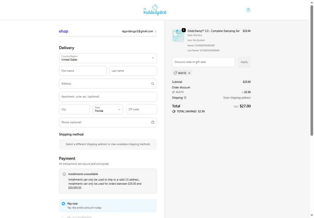 TheKiddoSpace checkout page showing TheKiddoSpace coupon code box | Screenshot taken by SimplyCodes community member on Dec 11, 2025