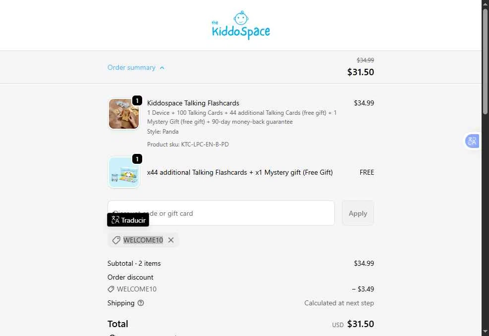 TheKiddoSpace checkout page showing TheKiddoSpace coupon code box | Screenshot taken by SimplyCodes community member on Dec 10, 2025