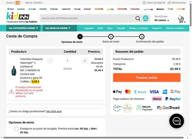Kidinn checkout page showing Kidinn promo code box | Screenshot taken by SimplyCodes community member on Sep 6, 2025