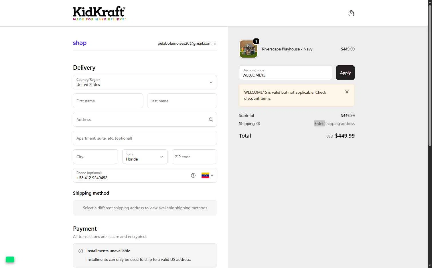 KidKraft checkout page showing KidKraft coupon code box | Screenshot taken by SimplyCodes community member on Dec 9, 2025