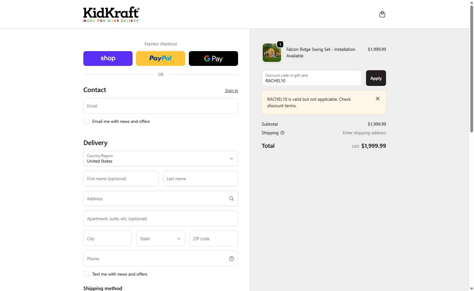 KidKraft checkout page showing KidKraft coupon code box | Screenshot taken by SimplyCodes community member on Dec 14, 2025