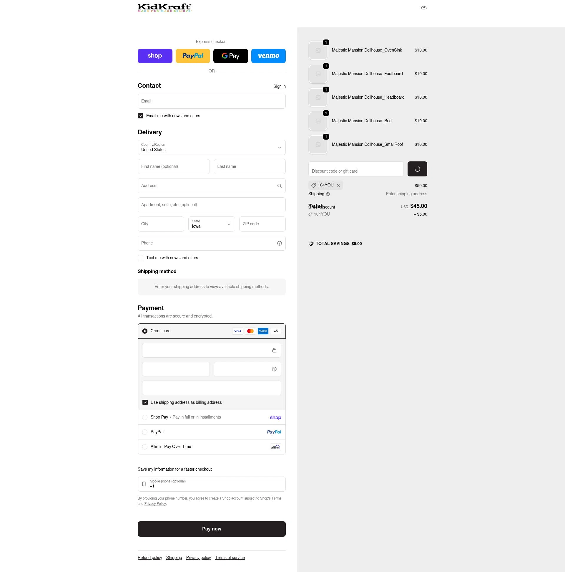 KidKraft checkout page showing KidKraft coupon code box | Screenshot taken by SimplyCodes community member on Feb 5, 2026