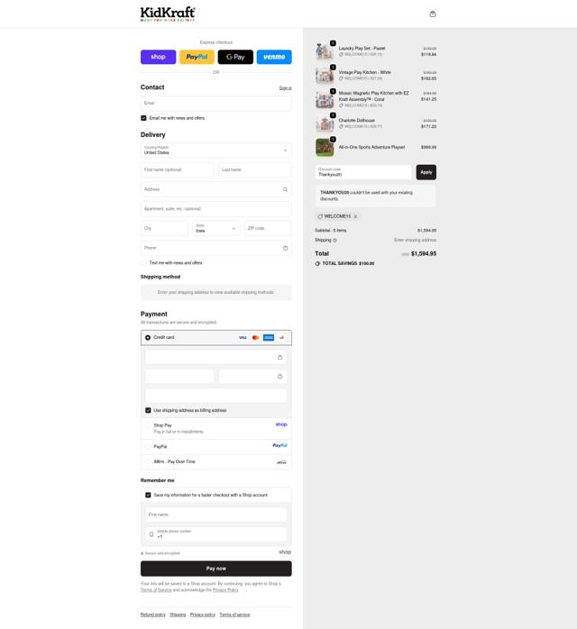 KidKraft checkout page showing KidKraft coupon code box | Screenshot taken by SimplyCodes community member on Sep 25, 2025