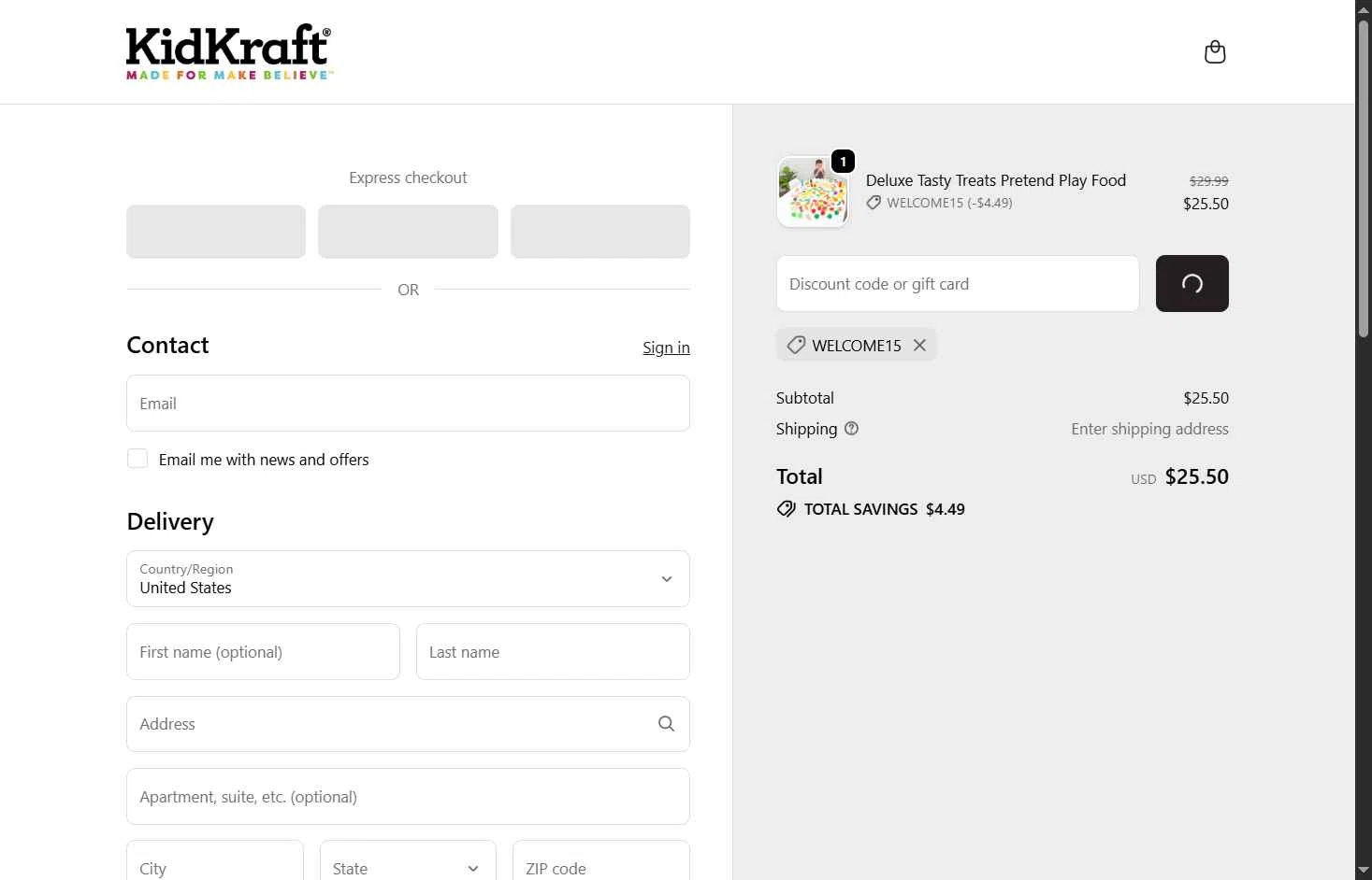 KidKraft checkout page showing KidKraft coupon code box | Screenshot taken by SimplyCodes community member on Dec 20, 2025