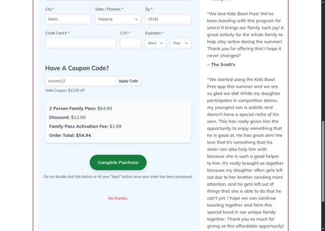KidsBowlFree checkout page showing KidsBowlFree coupon code box | Screenshot taken by SimplyCodes community member on Aug 22, 2025