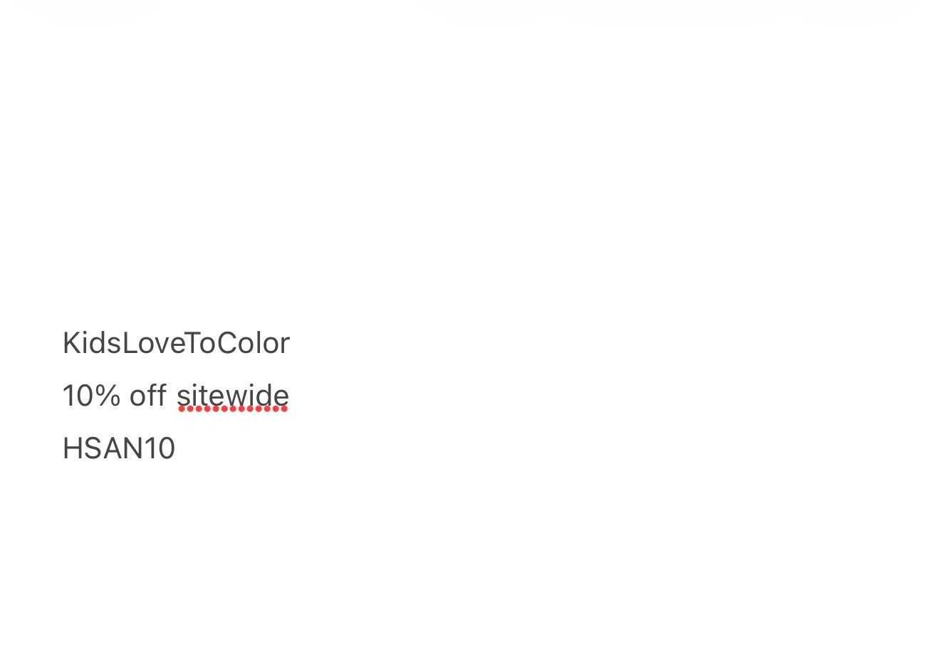 KidsLoveToColor promo code screenshot showing code HSAN10 applied at KidsLoveToColor checkout page. Uploaded by SimplyCodes community member Huesofhawa on Jan 26, 2026