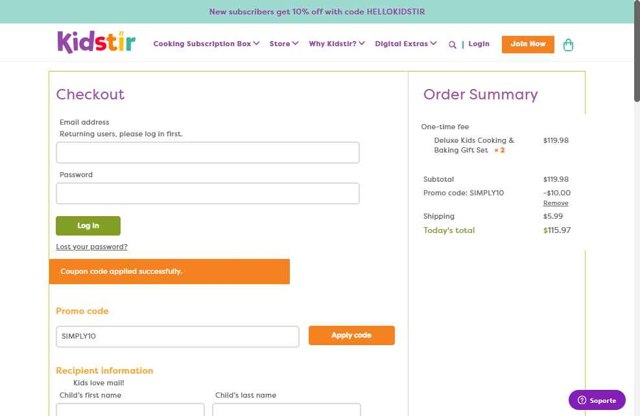 Kidstir checkout page showing Kidstir promo code box | Screenshot taken by SimplyCodes community member on Aug 16, 2025