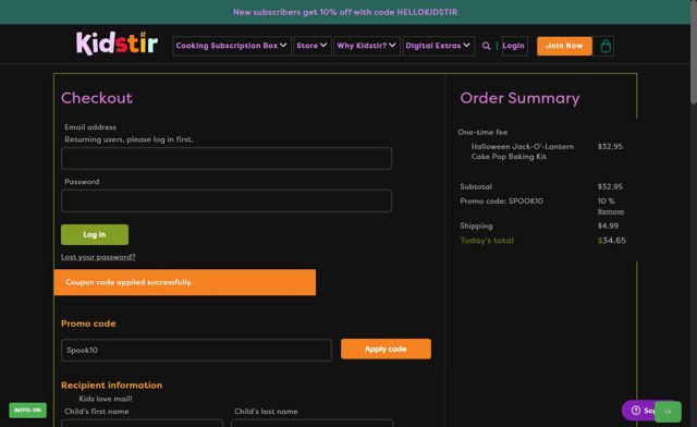 Kidstir checkout page showing Kidstir promo code box | Screenshot taken by SimplyCodes community member on Aug 21, 2025