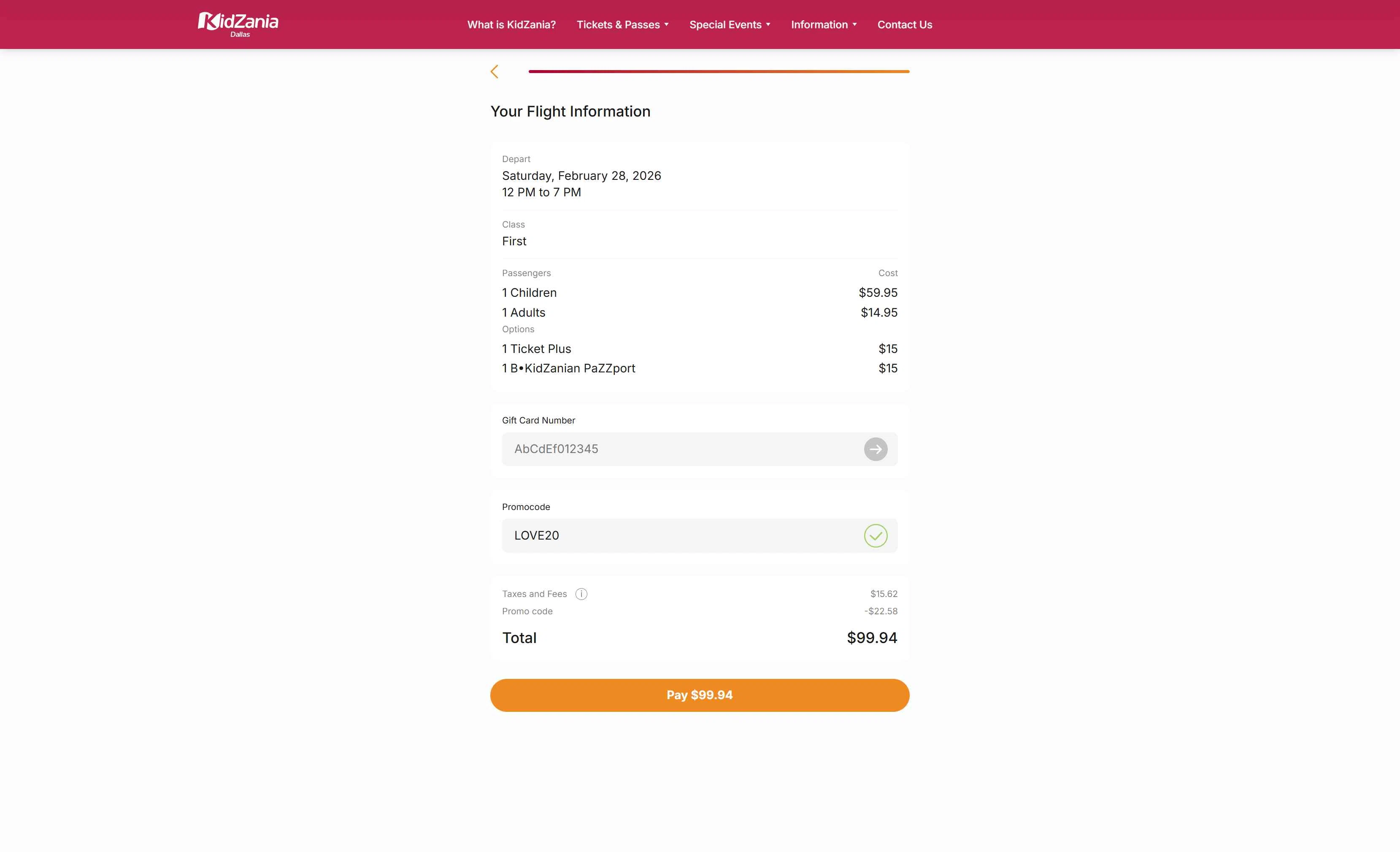 KidZania checkout page showing KidZania promo code box | Screenshot taken by SimplyCodes community member on Feb 25, 2026