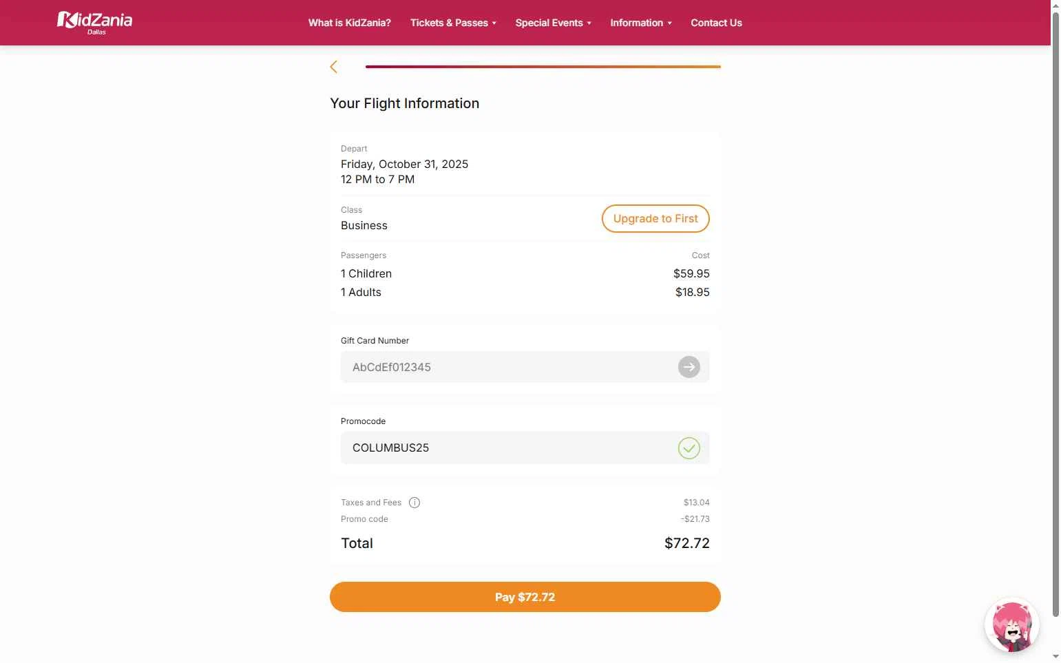 KidZania checkout page showing KidZania promo code box | Screenshot taken by SimplyCodes community member on Oct 7, 2025