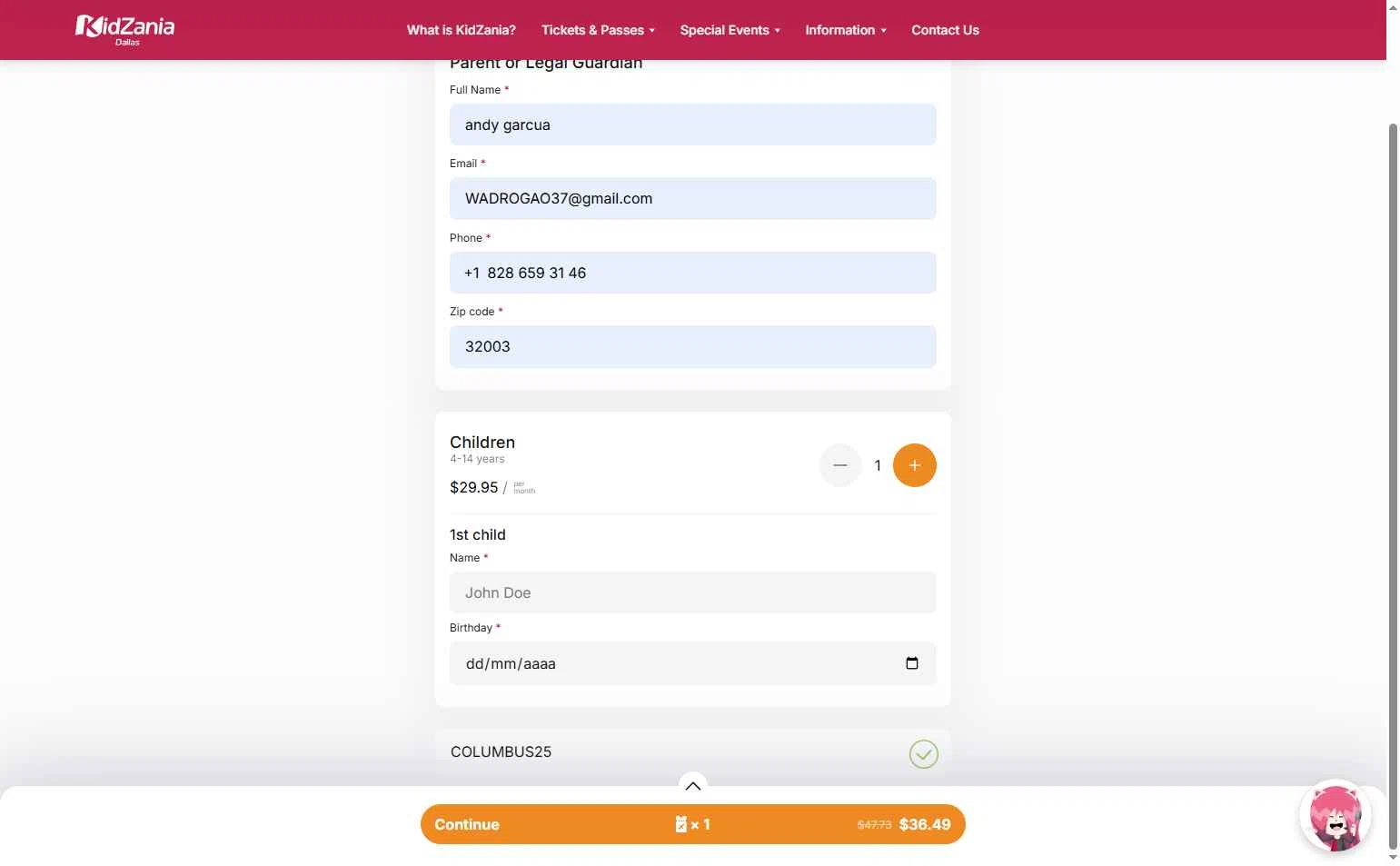 KidZania checkout page showing KidZania promo code box | Screenshot taken by SimplyCodes community member on Oct 7, 2025