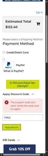 TYR25 coupon verification screenshot