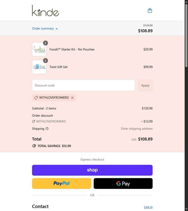 Kiinde checkout page showing Kiinde discount code box | Screenshot taken by SimplyCodes community member on Sep 3, 2025