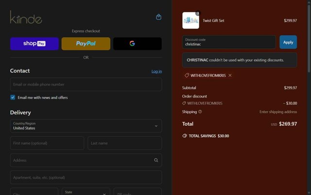 Kiinde checkout page showing Kiinde discount code box | Screenshot taken by SimplyCodes community member on Jun 18, 2025
